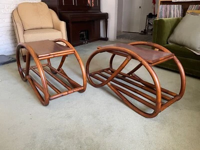 Mid Century Rattan Bamboo Pretzel Paul Frankl Style Side Table PAIR (2) - Image 1 of 4