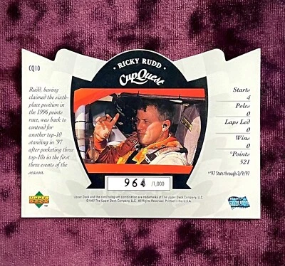 Ricky Rudd 1997 Upper Deck Racing Cup Quest /1000 Rare Die-Cut NASCAR Legends SP - Image 1 of 4