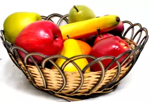 Faux Mixed Plastic Fruit & Woven Basket Realistic Looking Pear Apple 12 Pieces - Picture 1 of 2