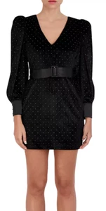 BCBGMAXAZRIA BLACK/SILVER Women's Dotted Long Sleeve V Neck Belted Dress, US 10 - Picture 1 of 4