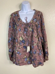 Easel Womens Floral Boho Long Sleeve Tunic Top size Large Tassel Tie Peasant - Picture 1 of 16
