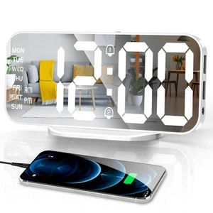 Digital Alarm Clock Slim LED Mirror Desk Clocks for Bedrooms Large Display - Picture 1 of 7