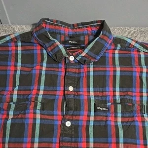 LRG Woven Shirt Mens Large Button Front Short Sleeve Blue Plaid Pockets Casual - Picture 1 of 6