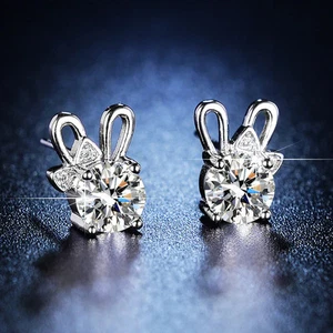 Bow Tie Clip Solitaire Stud Earrings Silver Plated, Zircon Studded Unique Design - Picture 1 of 4