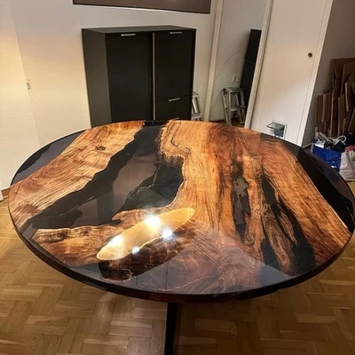 Black Glossy Luxury Modern Round Epoxy Resin Walnut Dining Coffee Table - Image 1 of 4