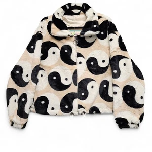 Kyoyo Yin Yang Teddy Jacket Womens Large Black White Cream Bungee Waist Coat NEW - Picture 1 of 11
