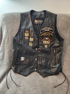 Leather Biker Vest with pins and patches (HOG Patch),  Xelement Women's XL - Picture 1 of 3