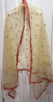 Indian Dupatta Reddish Orange Trim Gold Sheer Sequins Embroidered Scarf - Image 1 of 4