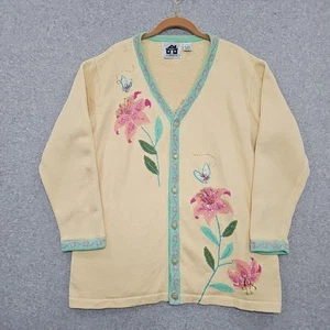 Vtg Storybook Knits Cardigan Sweater HSN Yellow Lily Habitat Sz 1X Floral Sequin - Picture 1 of 10