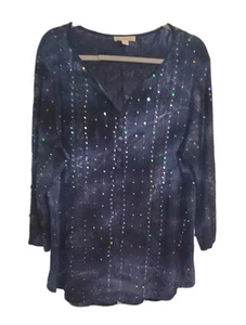SAMI & JO Womens 2X Navy Blue Sequin Top Shirt Peasant Style 3/4 Sleeve - Picture 1 of 8