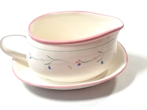 Rannaru Nordic Wind Stonewear Gravy Boat Underplate Pink Green Floral Vintage - Picture 1 of 7