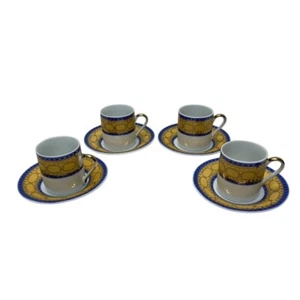 Japan Style Demitasse Set of 4 Gold Cobalt Blue Espresso Coffee Cups and Saucers - Picture 1 of 9