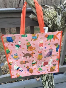TJ MAXX~Cats w/Scarf Hat~Winter Kitty Holiday Reusable Pink Shopping Bag~EcoTote - Picture 1 of 10