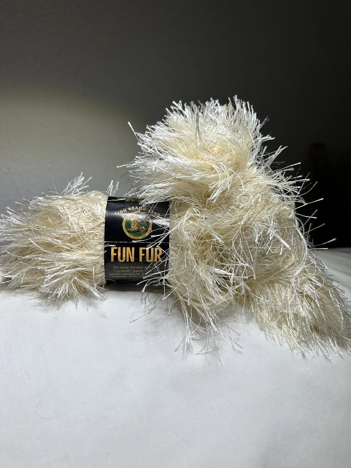 2 50g Balls Lion BRAND Fun Fur Yarn Ivory