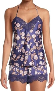 NWT In Bloom by Jonquil NAVY/TAUPE/PINK FLORAL SATIN Pajama Shorts Set S Lace - Picture 1 of 9