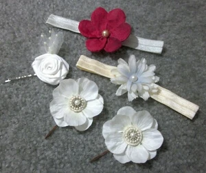 5 Handmade Flower Hair Accessories (3 Hair Pins, 2 Headbands) Floral Hair Clips - Picture 1 of 5