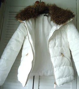 Quiz Cream Puffed Jacket, Faux Fur Collar, Pockets, Lined with Hood Small - Picture 1 of 13
