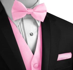 Men's Solid Satin Tuxedo Vest, Bow-Tie & Hankie. Formal, Casual Wedding, Prom - Picture 1 of 42