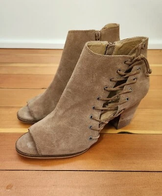 Lucky Brand 8.5 Ankle Boots Brown Leather Open Toe Heels Zip Lace Up Bohemian - Image 1 of 4