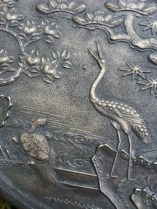 signed Antique 19th C Japanese Bronze Kagami Hand Mirror Meiji turtle crane bird - Picture 1 of 21