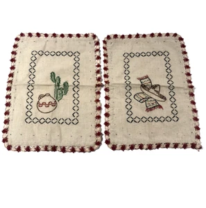 Vintage Hand Crochet Edge Embroidered Southwestern Dresser Table Scarves READ - Picture 1 of 6