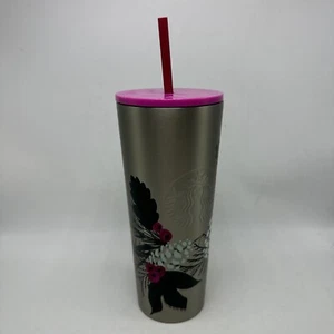 Starbucks 24oz Metal Stainless Steel Tumbler 2020 Hot Pink Lid & Straw Pine Cone - Picture 1 of 17