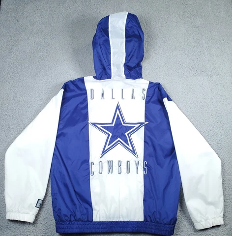 Dallas Cowboys Windbreaker Mens Large White Blue Embroidered Logos Hooded NFL Cover