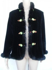 Silk Club Black Velvet Jacket S Faux Fur Fluffy Trim Asian Toggle Frog Closure - Picture 1 of 10