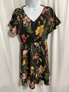 Haute Rogue Black Pink Yellow Floral Short Sleeve Knee Length Dress, XS, P2P 17” - Picture 1 of 6
