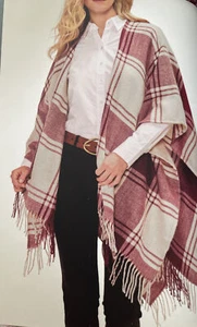 Banana Republic Wrap Kimono Blanket Cashmere Blend Plaid Red Fringe Wine New - Picture 1 of 6