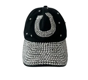 Horseshoe Studded Black Baseball Hat Cap Slide Back Adjustable Horse Logo - Picture 1 of 5