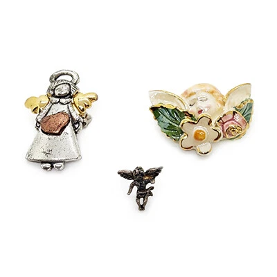 Lote de 3 Broches Alfileres de Ángel Cerámica Rosa Corazón Flores Firmado AJMC Solapa de Peltre Foto 1 de 4