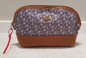 DKNY Brown/Beige Cosmetic Makeup Pouch Travel Bag LOGO Top Zip - Picture 1 of 8