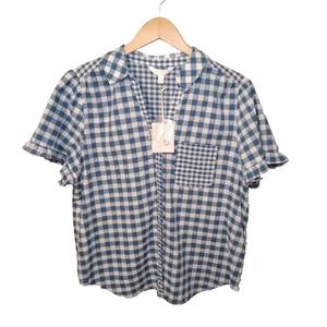 LC Lauren Conrad Blue Gingham Button Up Top Ruffle Short Sleeve Size L - Picture 1 of 8