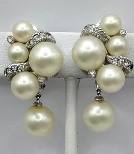 Ciner Pearl & Rhinestone Drop Dangle Earrings - Picture 1 of 6