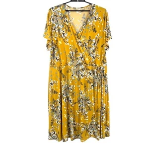 Kiyonna Wrap Dress Sz 5X Mustard Floral Midi Boho Cottagecore USA Flowy Comfy - Picture 1 of 7