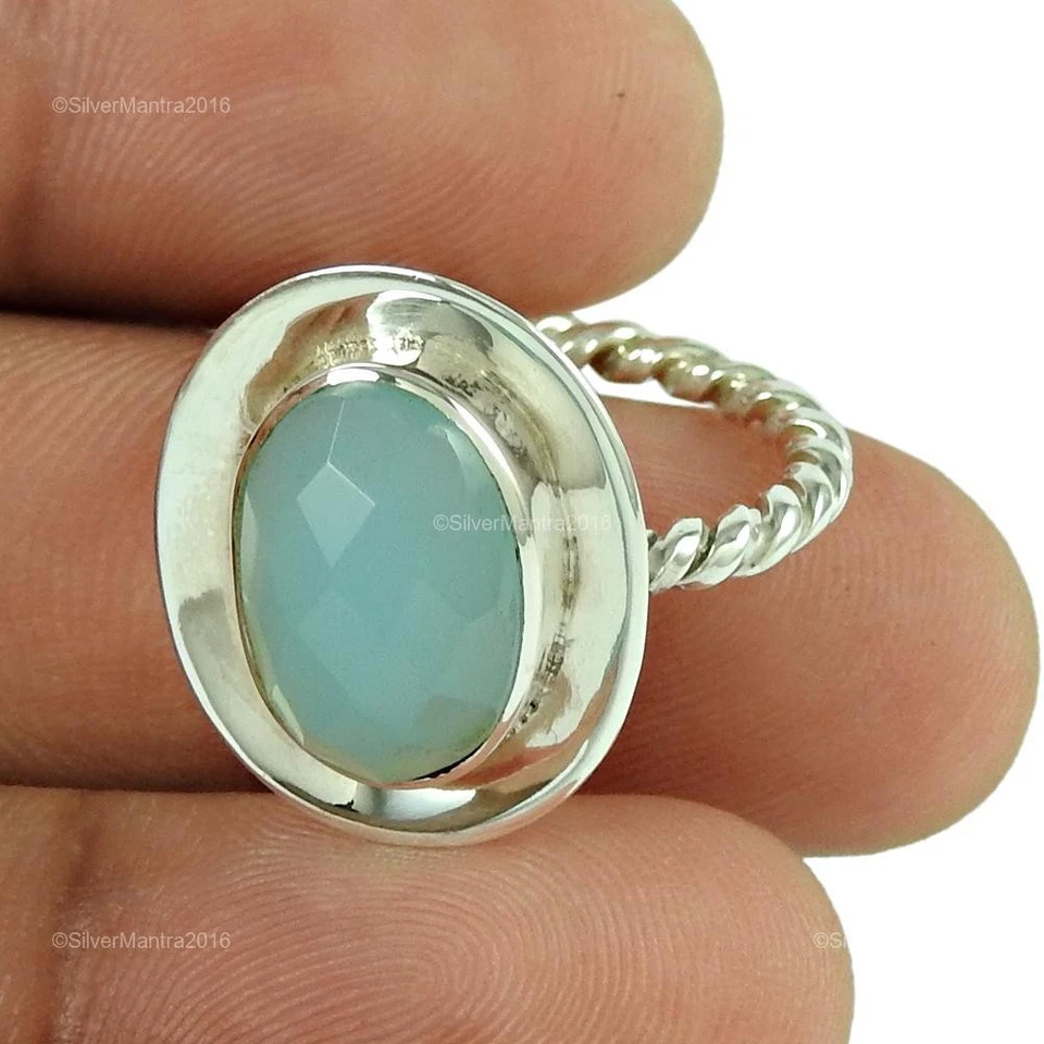 Argento Sterling Massiccio Naturale Calcedonio Cocktail Anello Gioielli Misura 7 - Immagine 1 di 4
