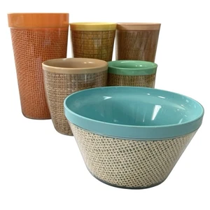 Burlap Raffia Ware Assorted Colors Lot of 1 Bowl & 5 Tumblers MCM Woven Tiki Bar - Picture 1 of 10
