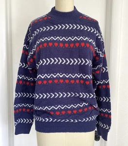 Vintage Sweater Womens Medium Heart Pullover USA 80s Cottage Fair Isle - Picture 1 of 3