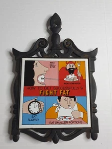 Vintage Ceramic Tile Trivet Wall Hanging Seven Star "Fight Fat" Cast Iron Hanger - Picture 1 of 9