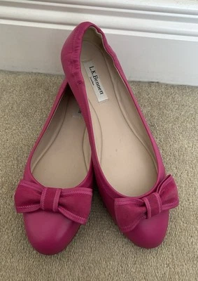 L.K. Zapatos de salón Bennett de cuero rosa brillante Zelda bailarina planos UE 38 UK 5 arco en muy buena condición Foto 1 de 4