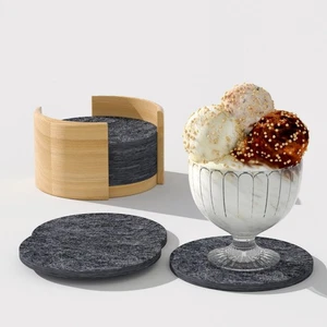 Felt coasters set of 10 wooden holder coasters gray glasses cups bottles - Picture 1 of 6