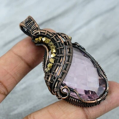 Wedding Gift For Her Copper Pink Kunzite Jewelry Wire Wrapped Pendant 2.87" - Image 1 of 4