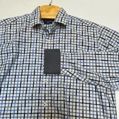 BUGATCHI Classic Fit Blue & Gray Windowpane Cotton Shirt Dot Flip Cuff Size L - Image 1 of 4