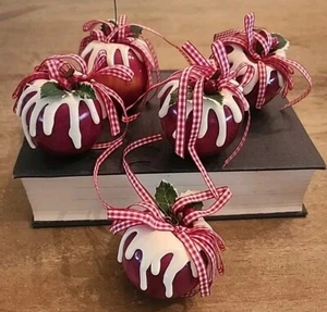 5-Faux Candy Apple Ornaments Red Delicious With Frosting Holly Berries Ribbon - Picture 1 of 11