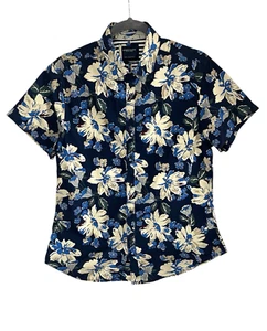 Camicia hawaiana denim e fiori Ricky Singh M uomo bottoni blu floreale maniche corte - Foto 1 di 10