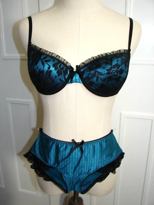 Native Intimates Teal Blue & Black Lace Bra & Panties ~ Size 34C ~ New - Image 1 of 4