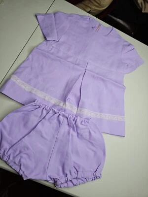 Vintage 70s Short Set PURPLE LILAC White Lace 12mos-2T Dress w/Shorts 60s - Image 1 of 4