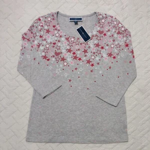 Karen Scott Women's 3/4 Sleeve Round Neck Gray Stars & Hearts Print Blouse Sz S - Picture 1 of 9