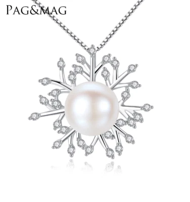 S925 Sterling Silver Freshwater Pearl Snowflake Fashion Pendant Necklace Box PE3 - Image 1 of 4